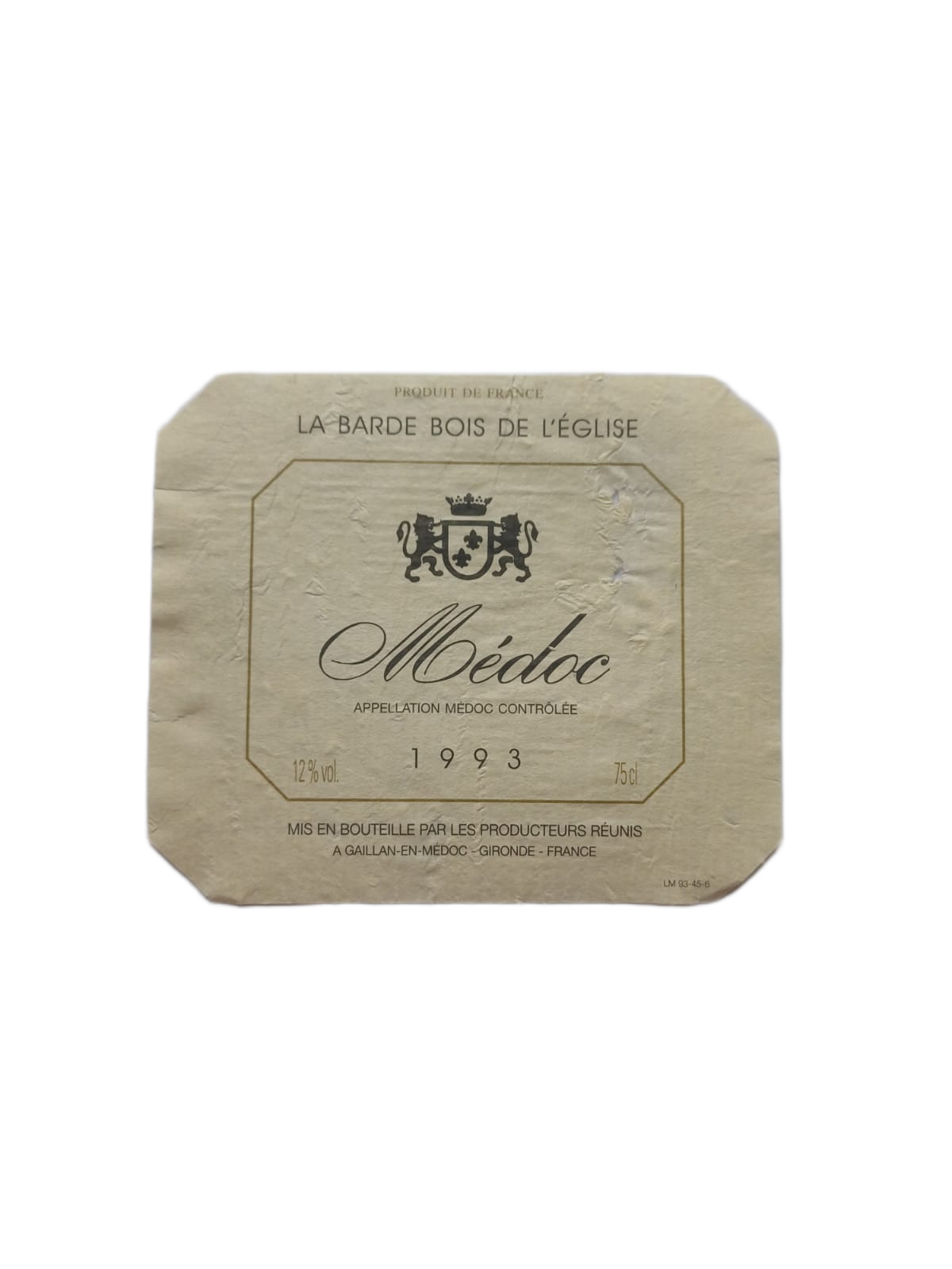 Étiquette vin Médoc 1993 – La Barde bois de l'église Vinaé