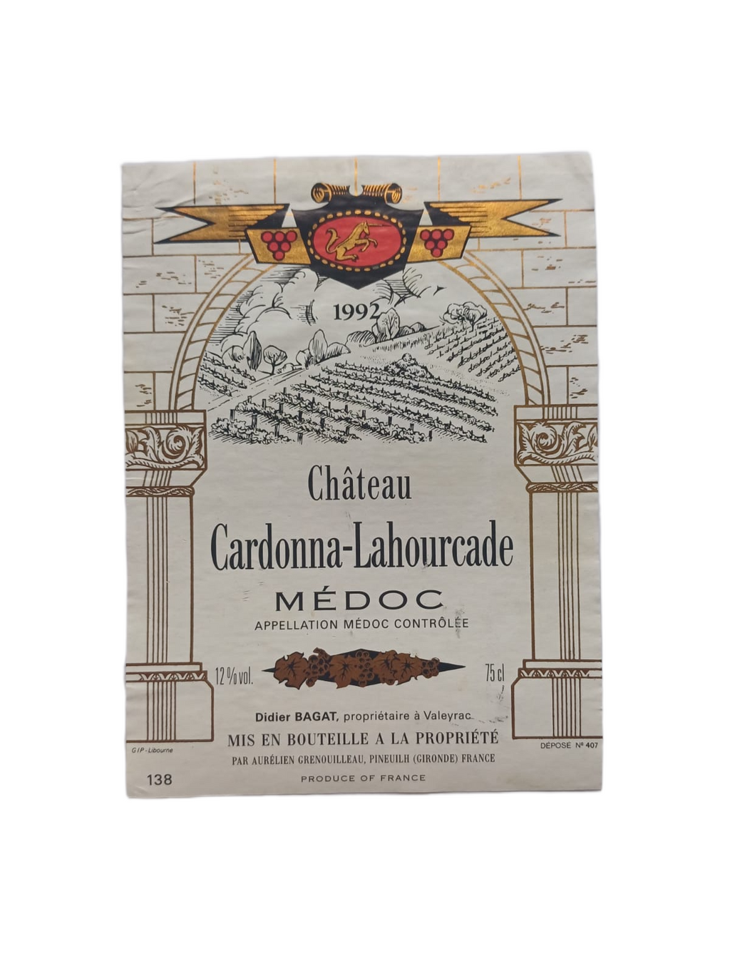 Étiquette vin Médoc 1992 – Château La Valière Vinaé