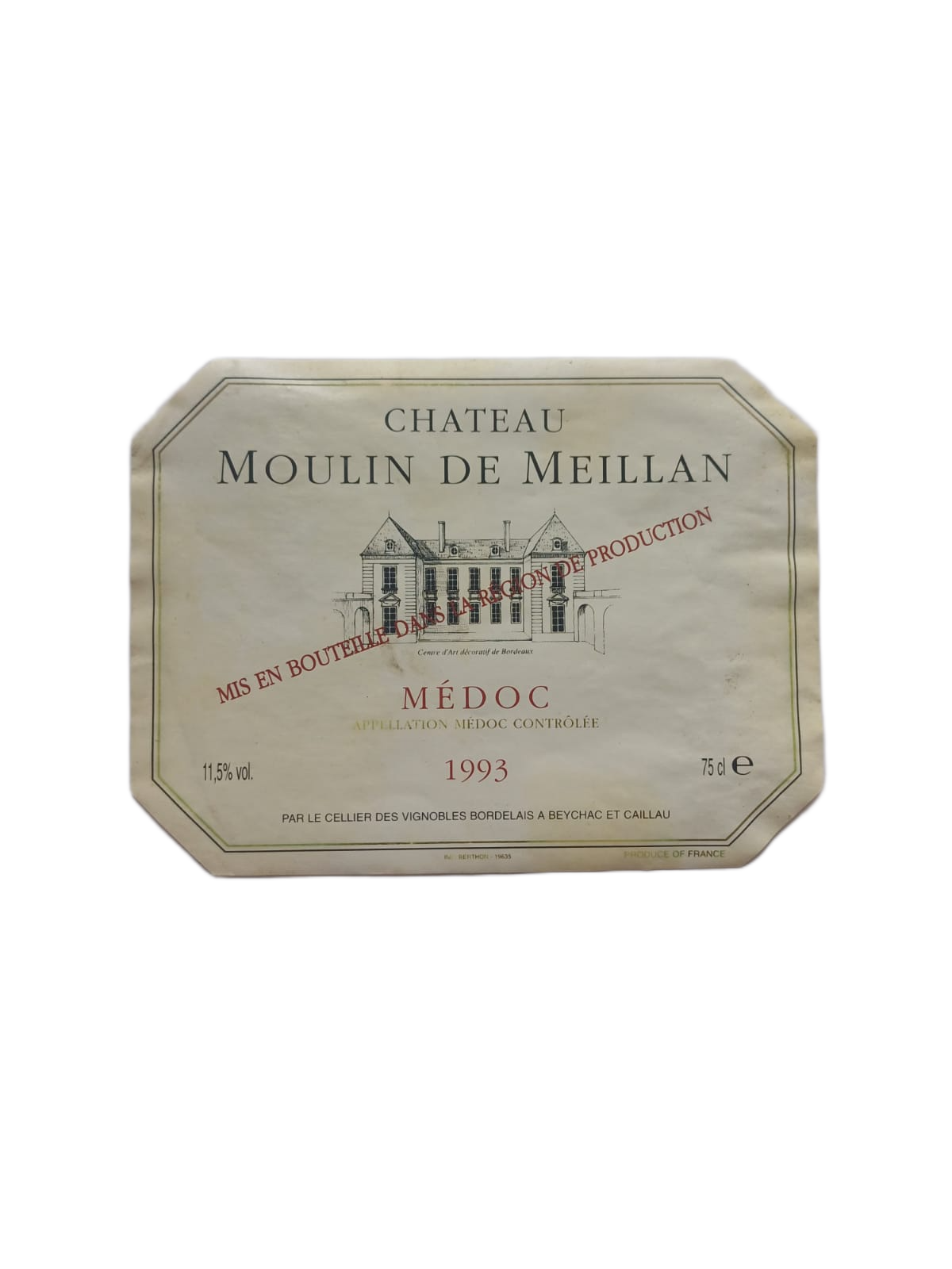 Étiquette vin Médoc 1993 – Château Moulin de Meillan Vinaé