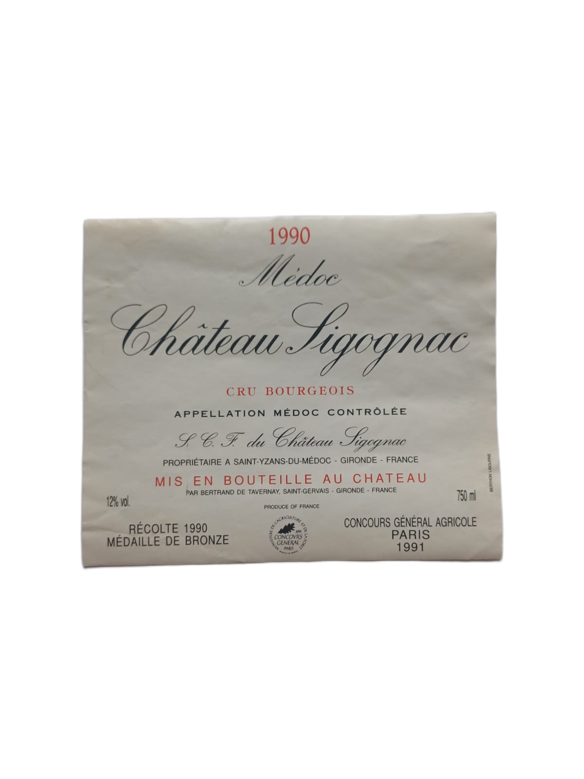 Étiquette vin Médoc 1990 – Château Ligognac Vinaé