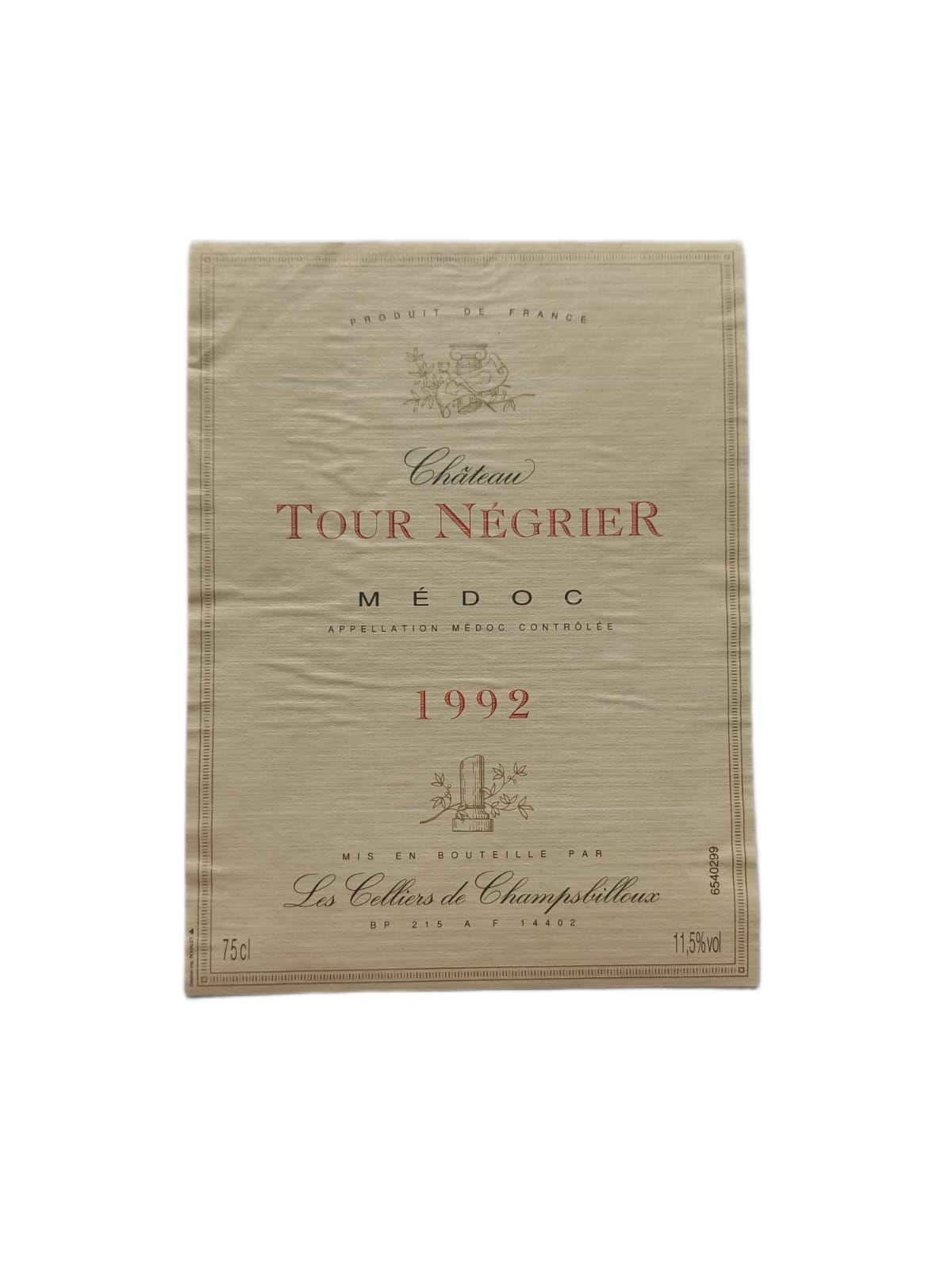 Étiquette vin Médoc 1992 – Château Tour Négrier Vinaé