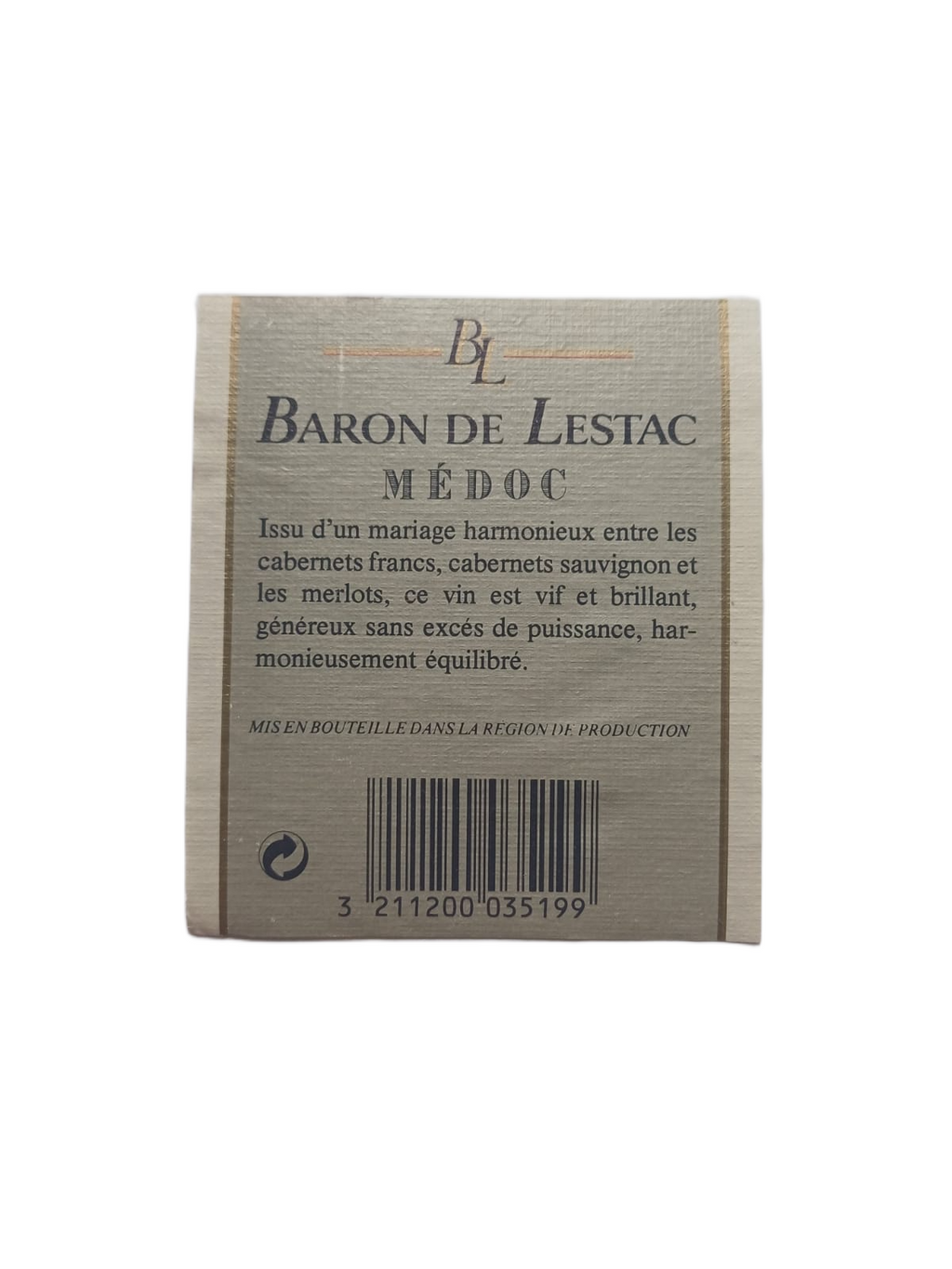 Étiquette vin Médoc 1993 – Baron de Lestac Vinaé