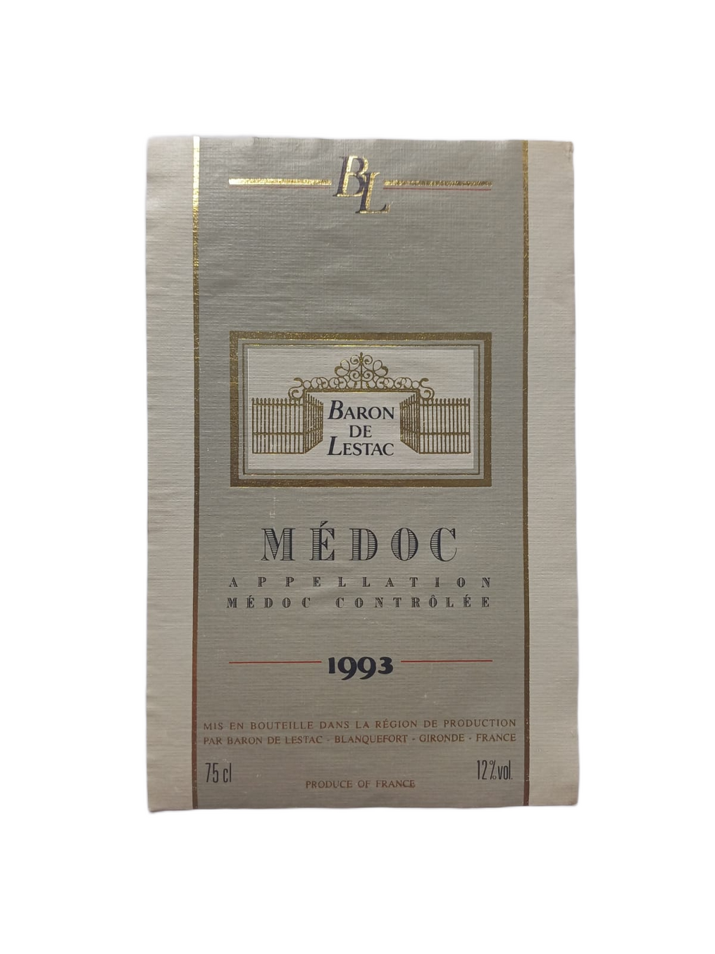Étiquette vin Médoc 1993 – Baron de Lestac Vinaé
