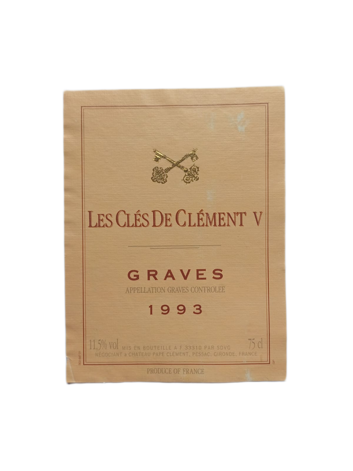 Étiquette vin Graves 1993 – Les clés de Clément V Vinaé