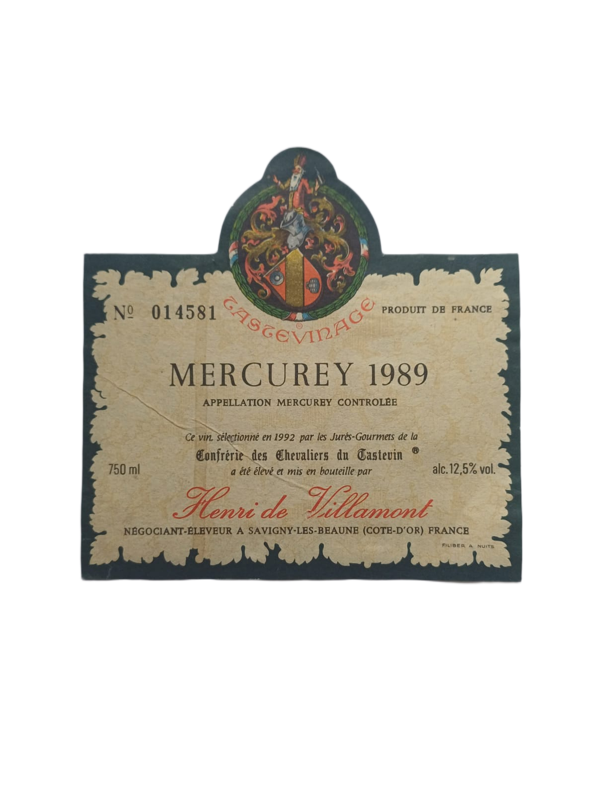 Étiquette vin Mercurey 1989 – Henri de Villamont Vinaé