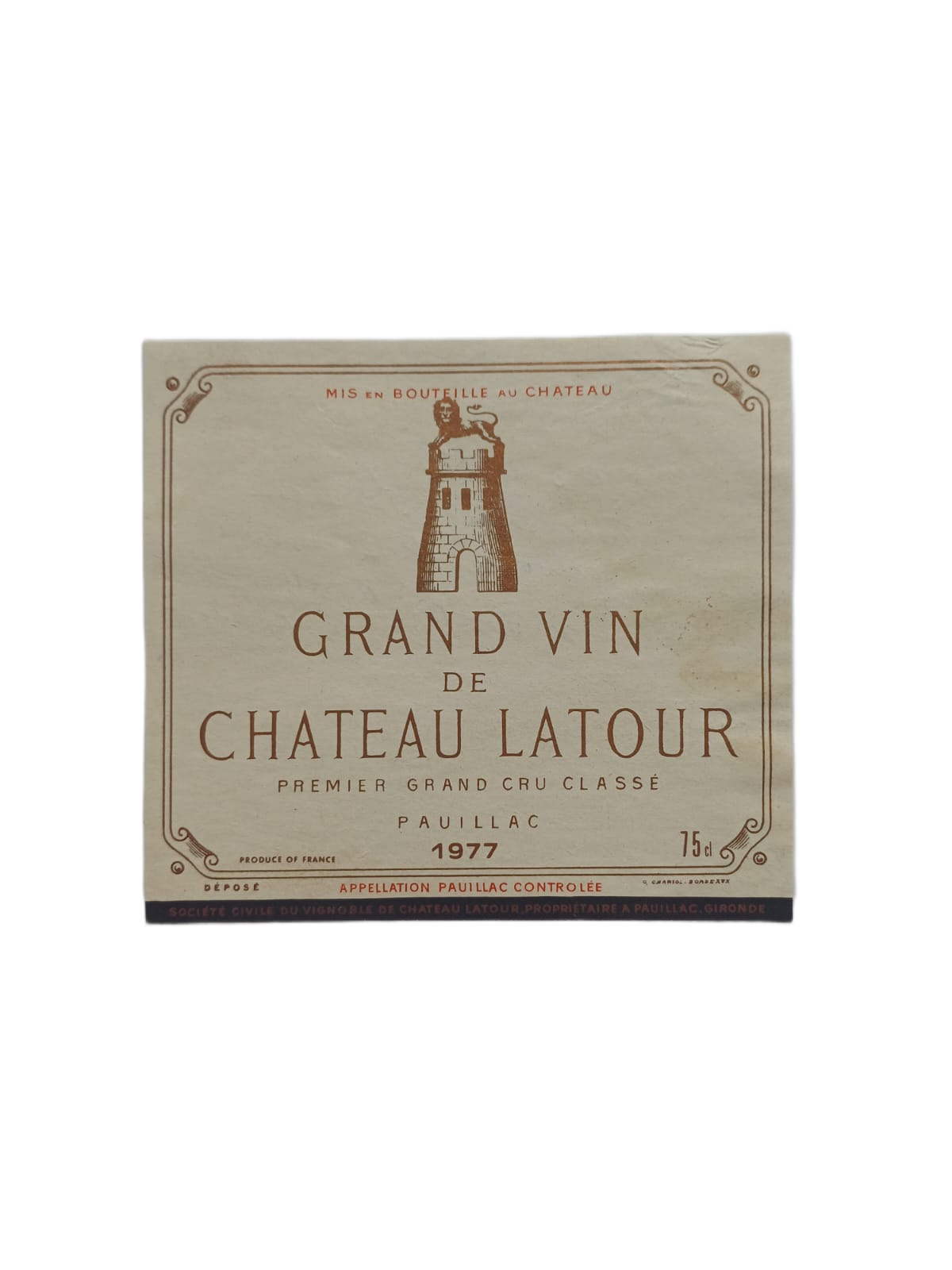 Étiquette vin Pauillac 1977 – Château Latour premier grand cru classé Vinaé