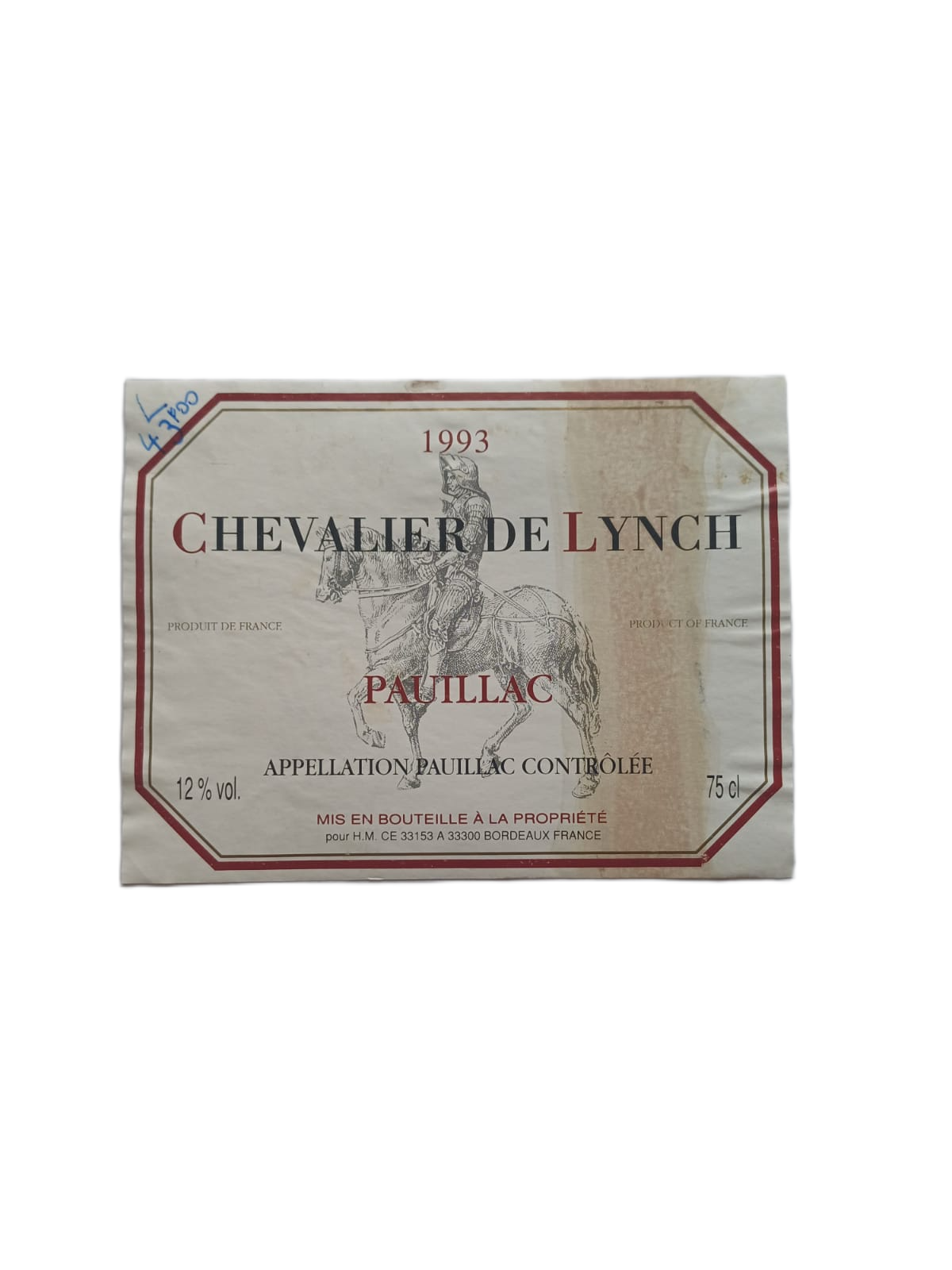 Étiquette vin Pauillac 1993 – Chevalier de Lynch Vinaé