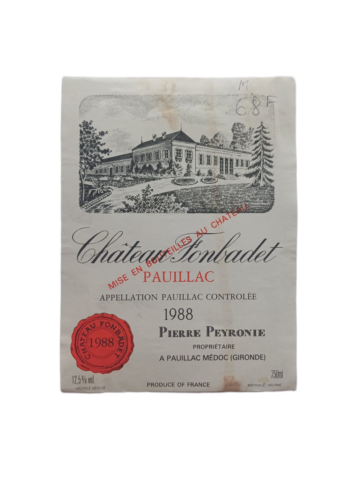 Étiquette vin Pauillac 1988 – Château Fonbadet Vinaé