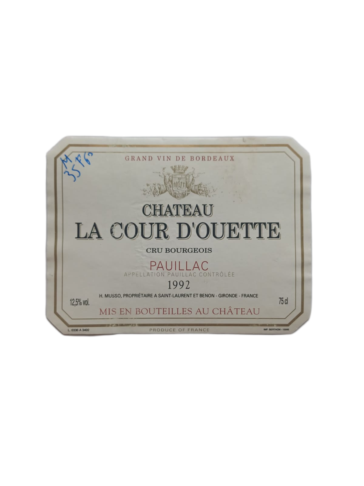 Étiquette vin Pauillac 1992 – Château La Cour D'ouette Vinaé