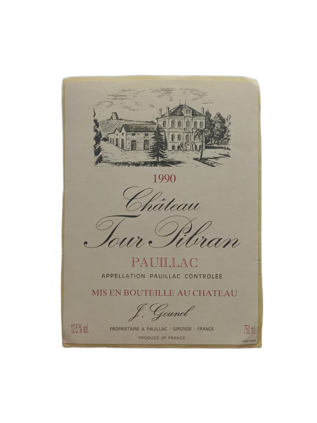 Étiquette vin Pauillac 1990 – Château Tour Pibran Vinaé
