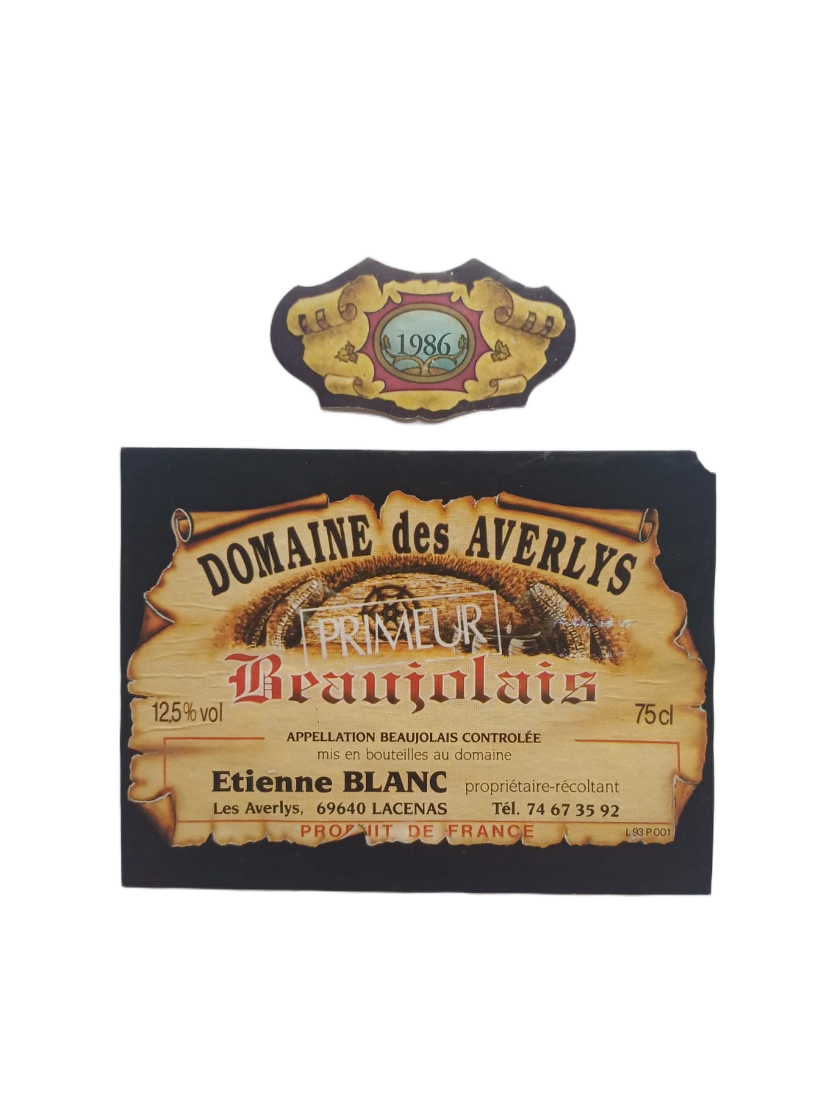 Étiquette vin Beaujolais Primeur 1986 – Etienne Blanc Vinaé