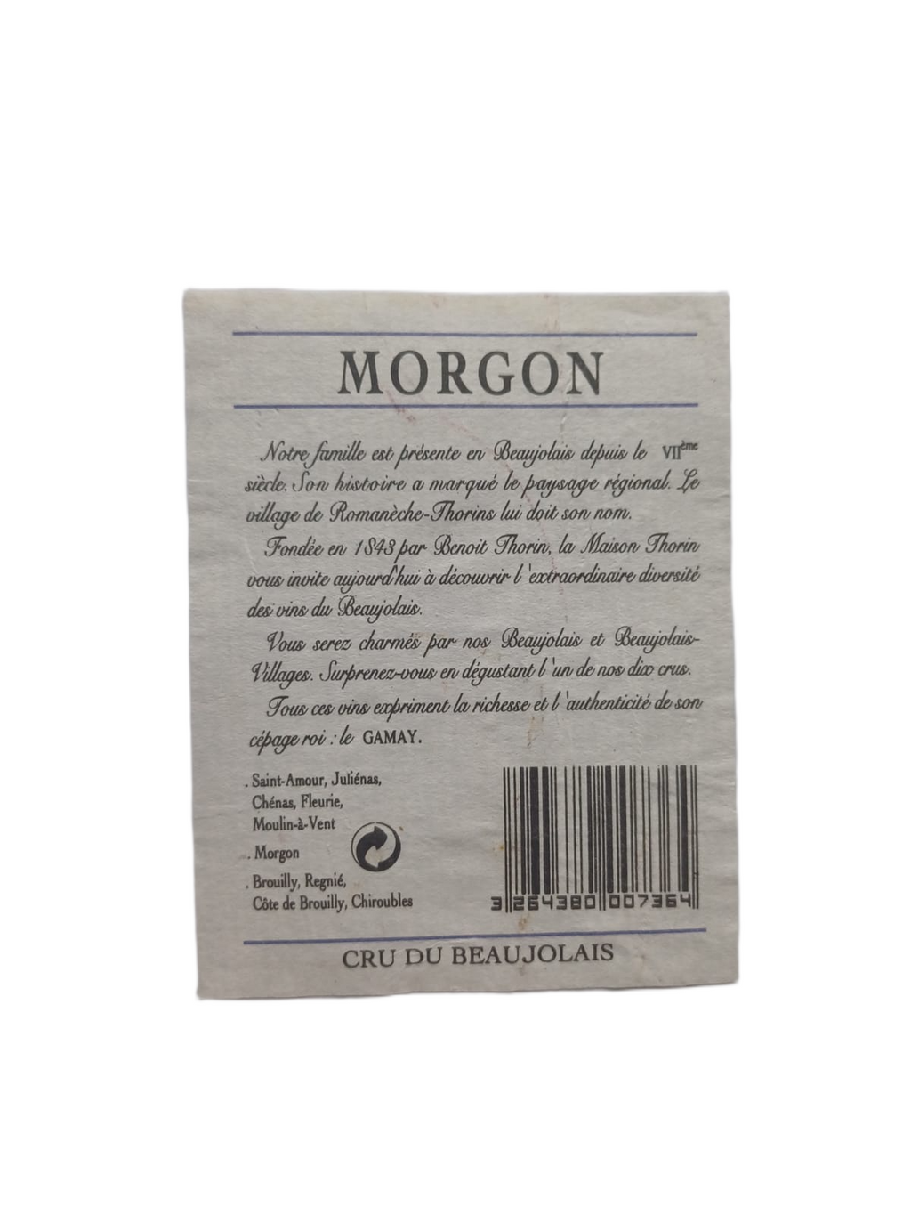 Étiquette vin Morgon 1994 – Maison Thorin Vinaé