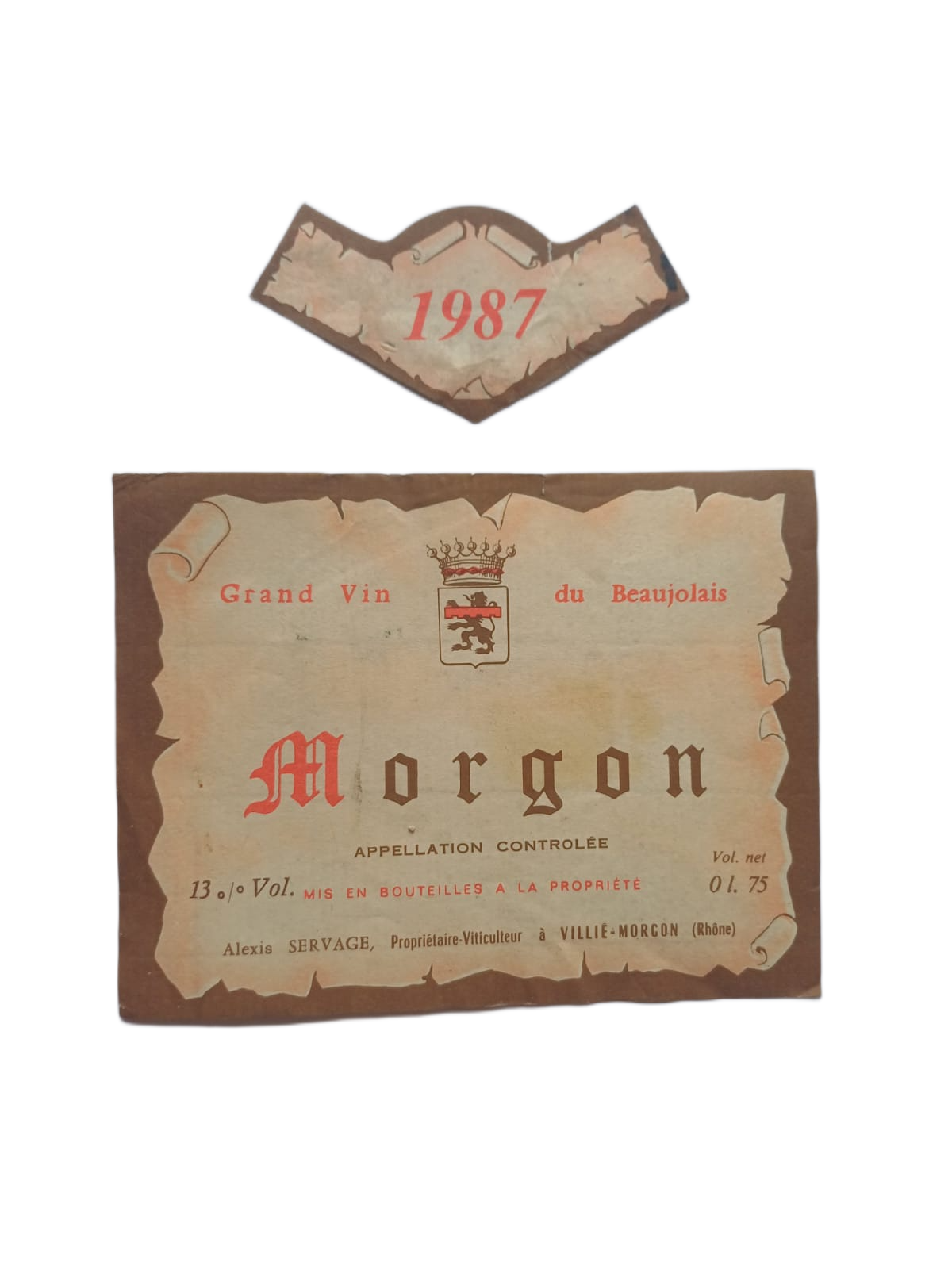 Étiquette vin Morgon 1987 – Alexis Servage Vinaé