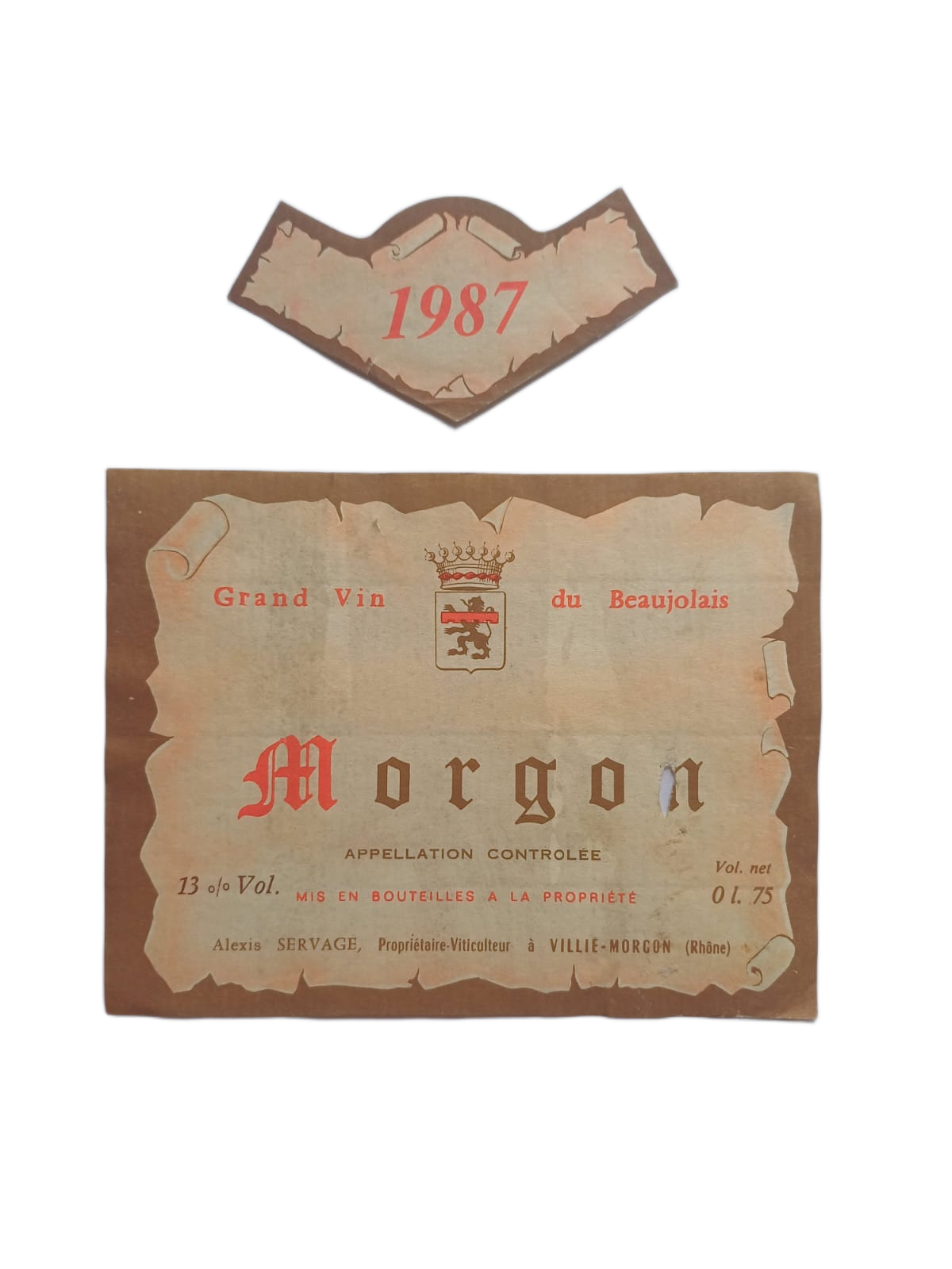 Étiquette vin Morgon 1987 – Alexis Servage Vinaé