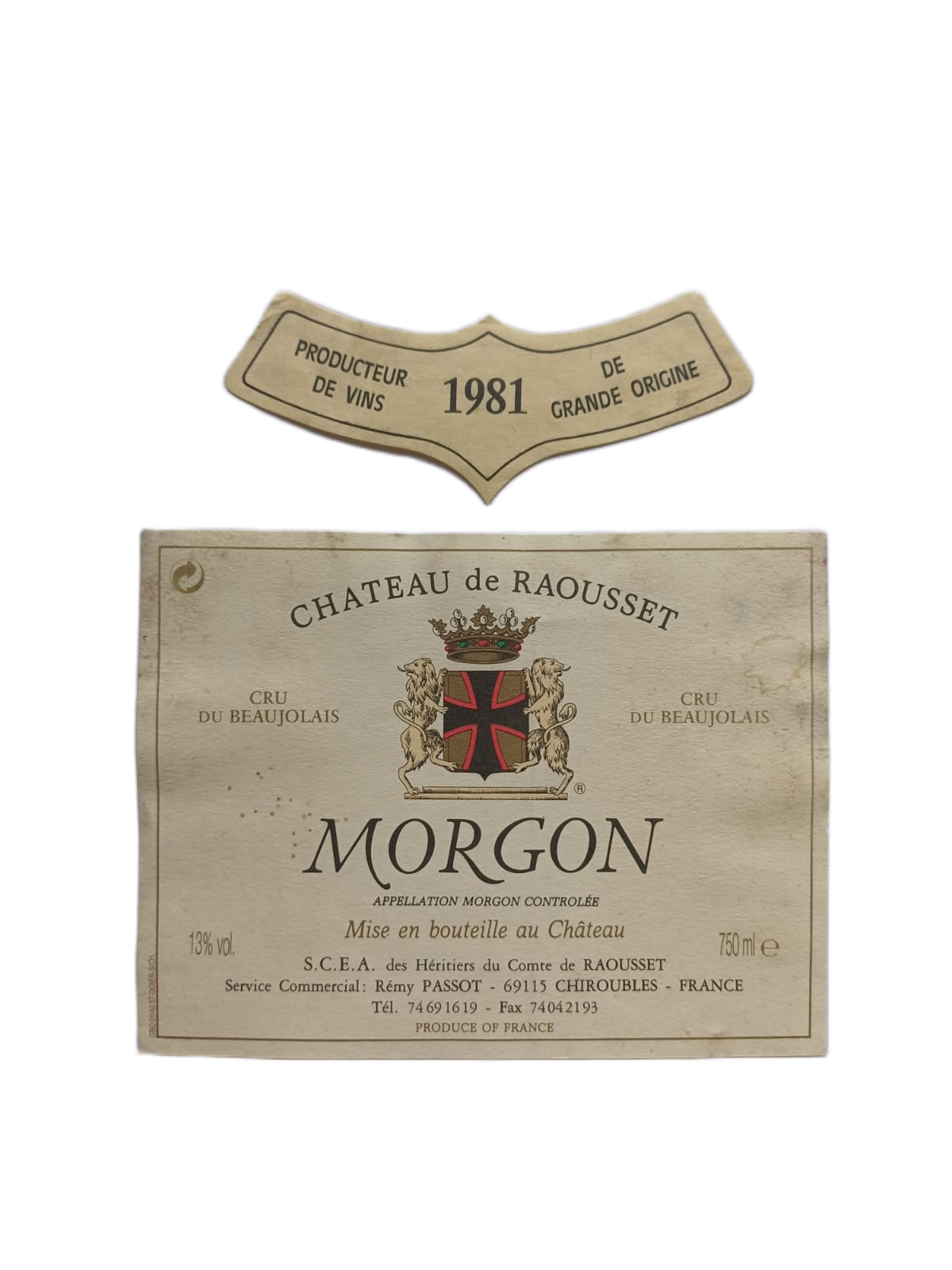 Étiquette vin Morgon 1981 – Château de Raousset Vinaé