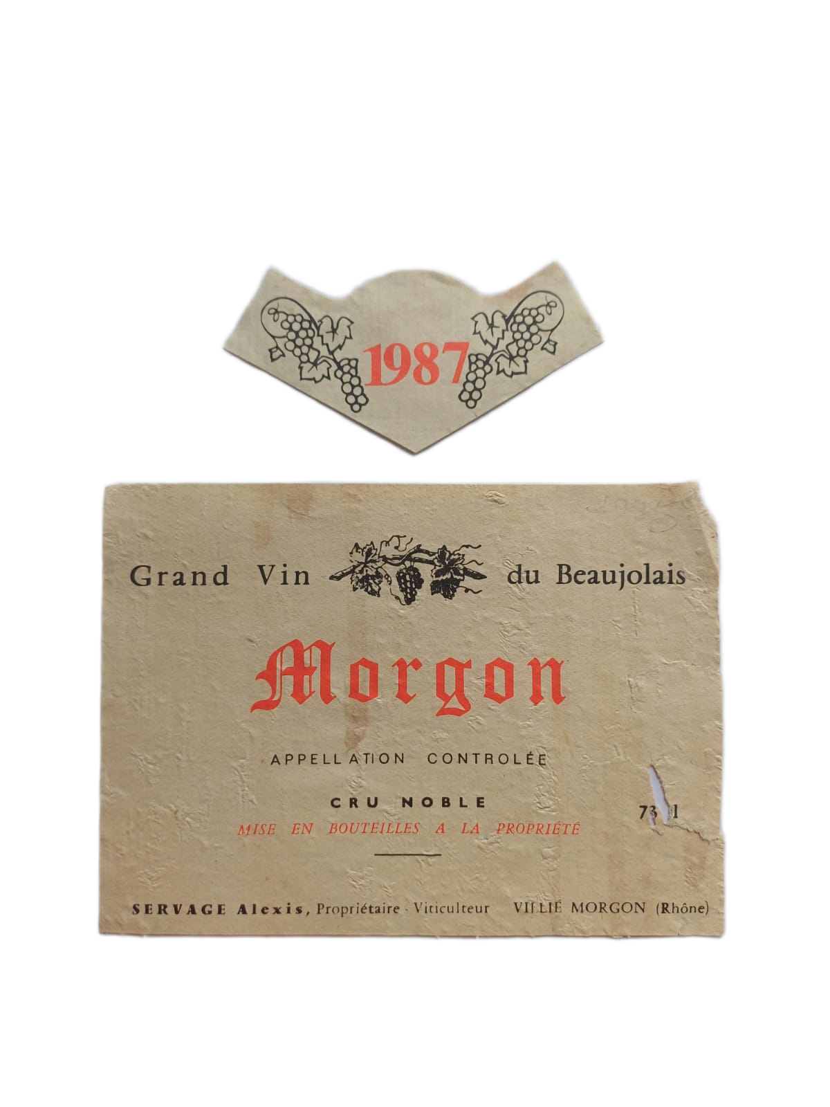 Étiquette vin Morgon 1987 – Alexis Servage Vinaé