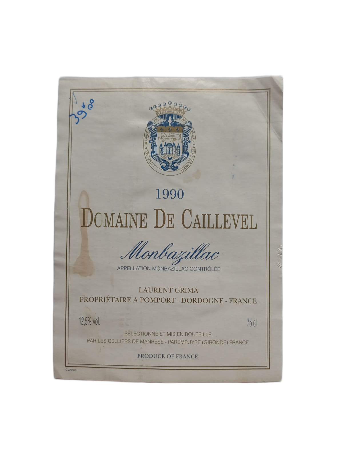 Étiquette vin Monbazillac 1990 – Domaine de Caillevel Vinaé