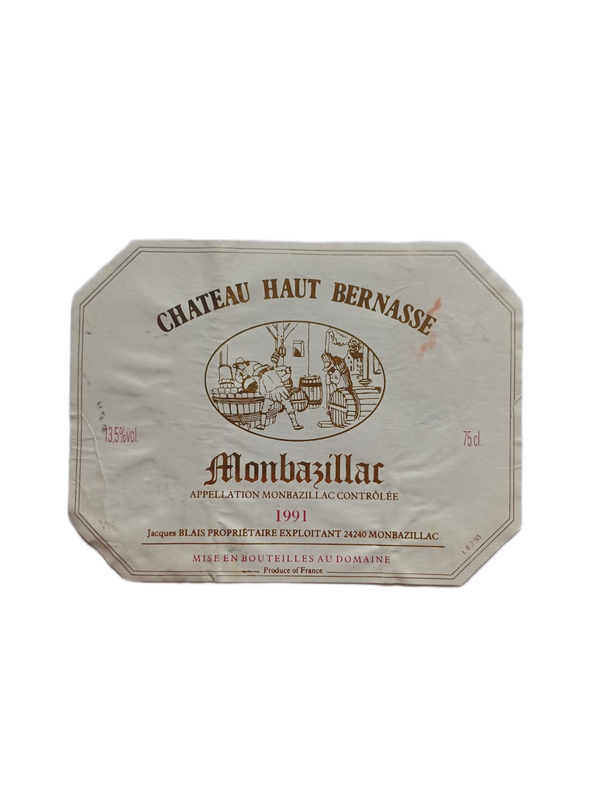Étiquette vin Monbazillac 1991 – Château Haut Bernasse Vinaé