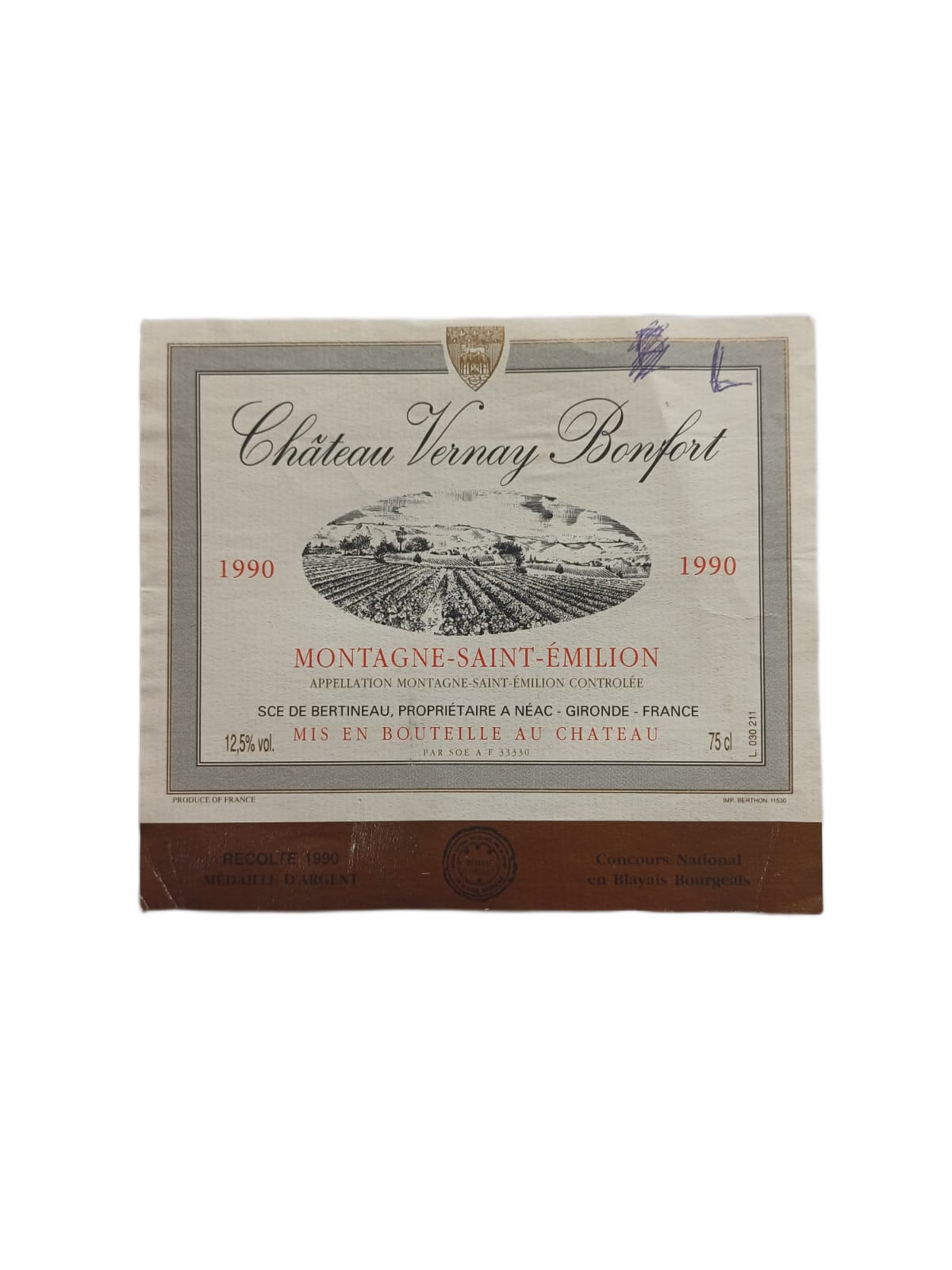 Étiquette vin Montagne Saint émilion 1990 – Château Vernay Bonfort Vinaé