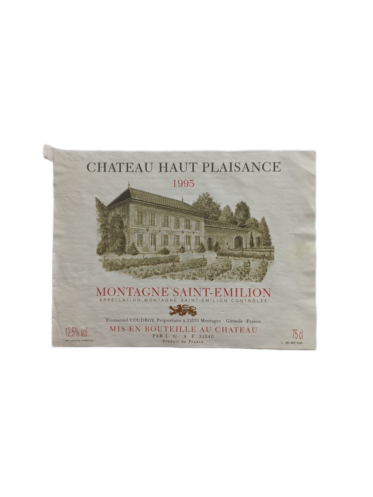 Étiquette vin Montagne Saint émilion 1995 – Château Haut Plaisance Vinaé