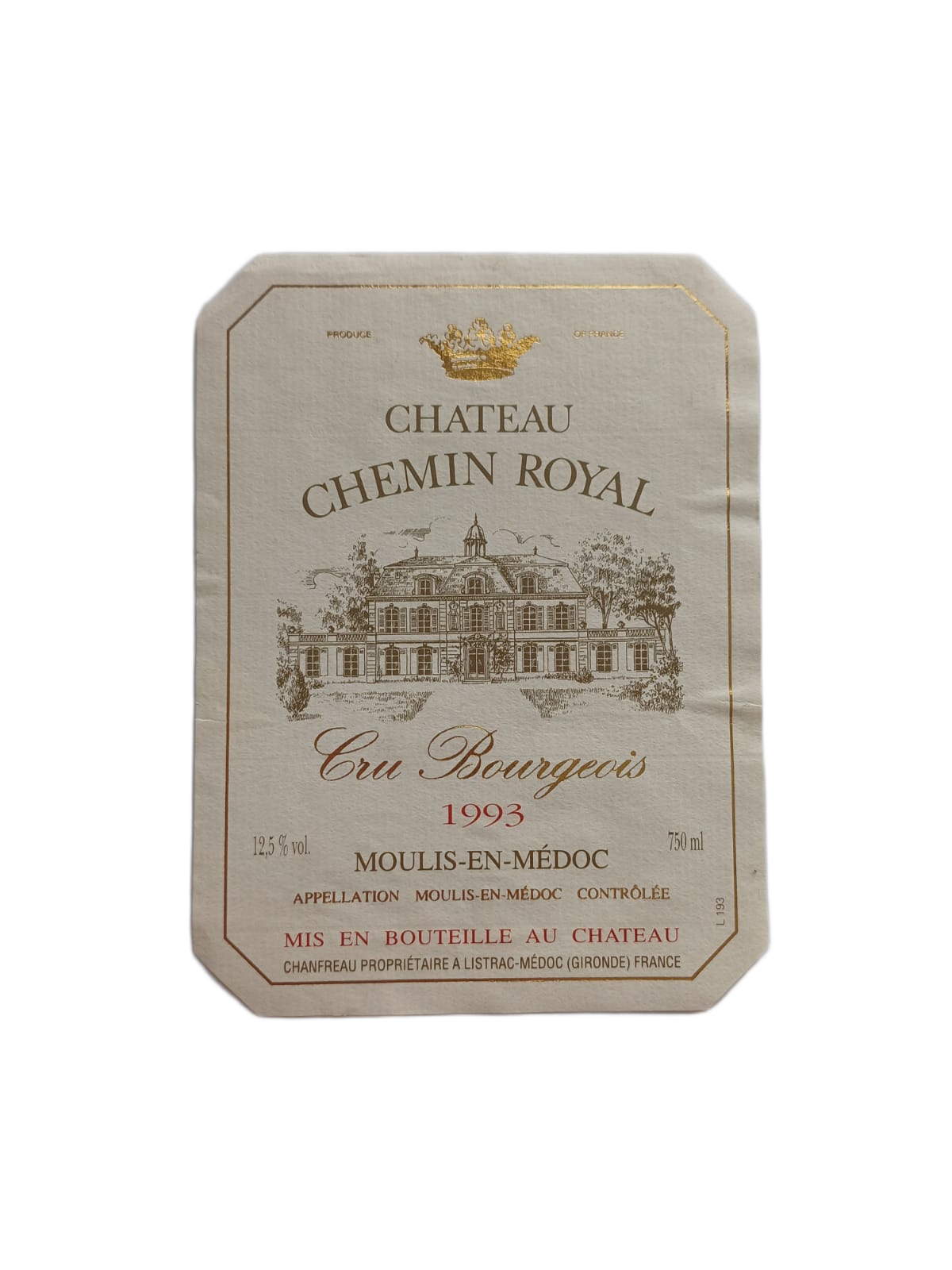 Étiquette vin Moulis-en-Médoc 1993 – Château chemin royal Vinaé