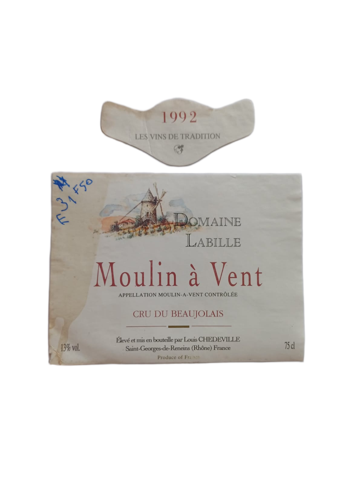 Étiquette vin Moulin à vent 1992 – Domaine Labille Vinaé