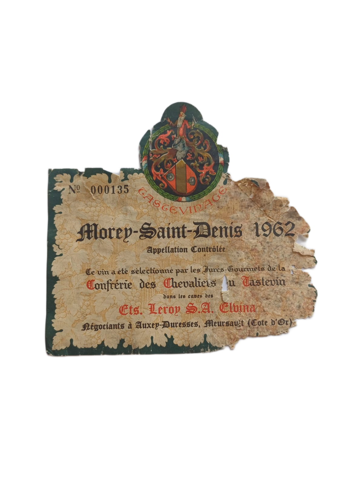 Étiquette vin Morey-Saint-Denis 1962 – Confrérie des Chevaliers du Castevin Vinaé