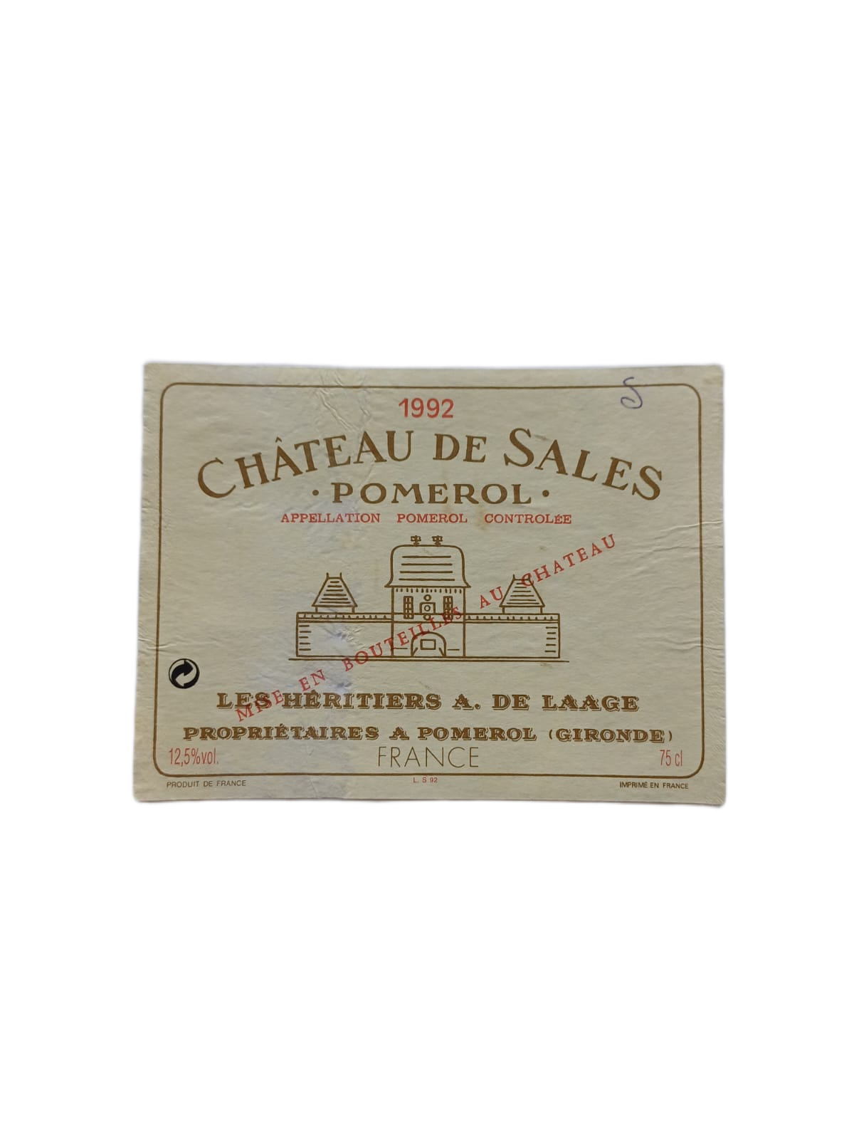 Étiquette vin Pomerol 1992 – Château de Sales Vinaé
