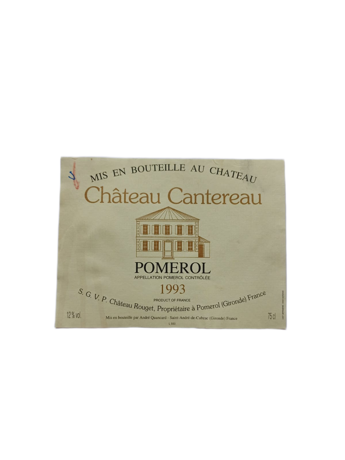 Étiquette vin Pomerol 1993 – Château Cantereau Vinaé