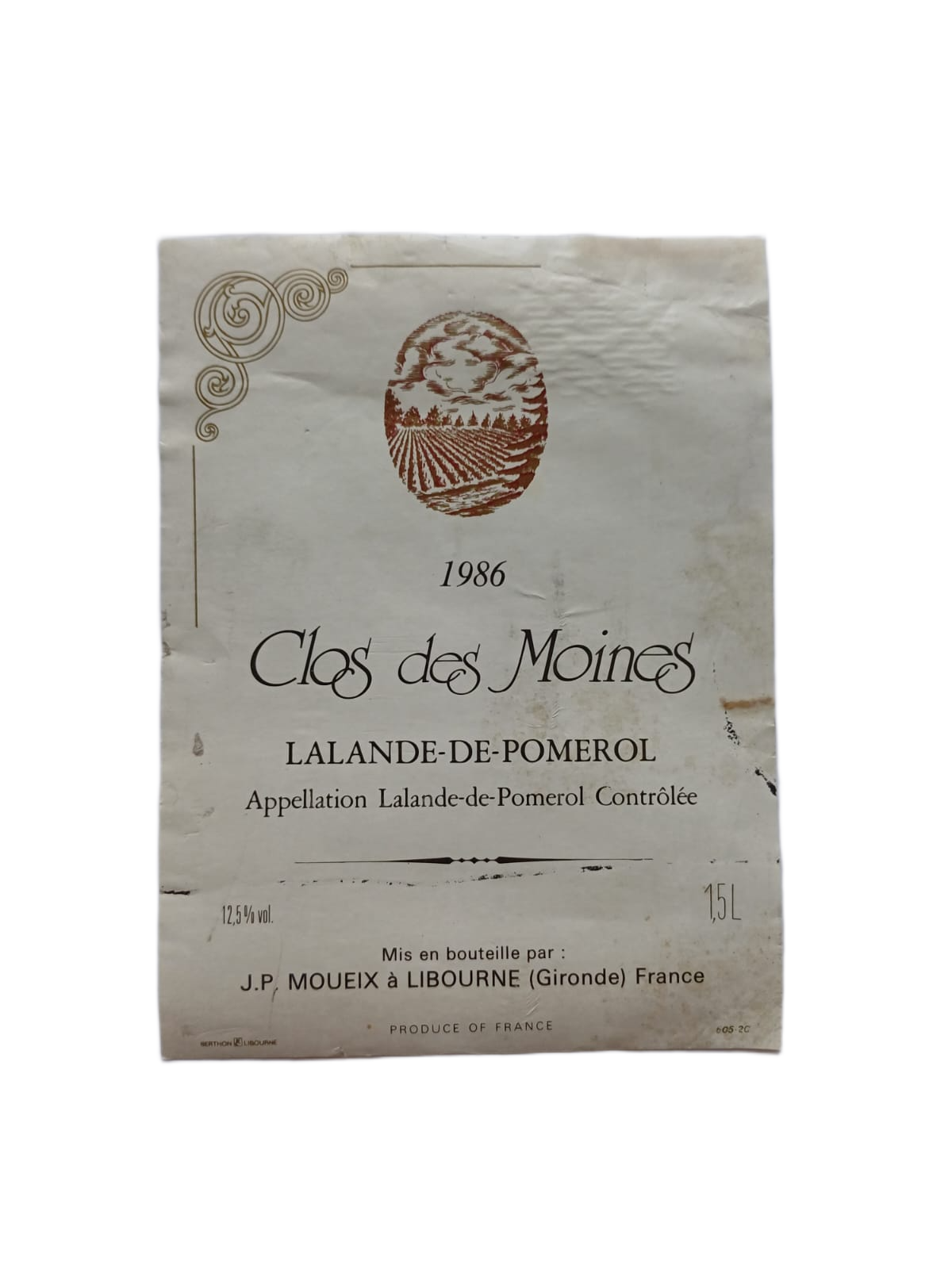 Étiquette vin Lalande-de-pomerol 1986 – Clos des Moines Vinaé