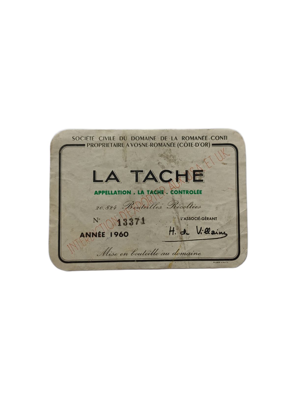 Étiquette vin La Tache 1960 – Domaine de la Romanée-conti Vinaé
