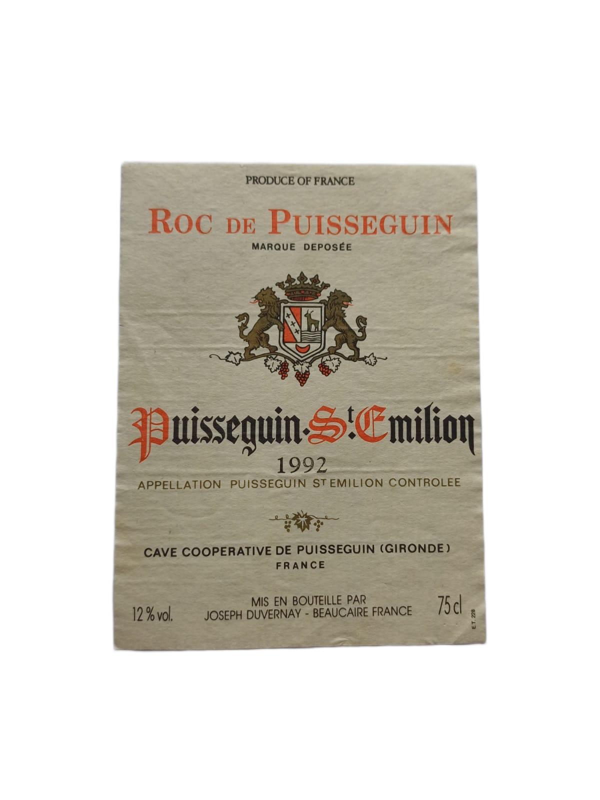 Étiquette vin Puisseguin Saint émilion 1992 – Roc de Puisseguin Vinaé