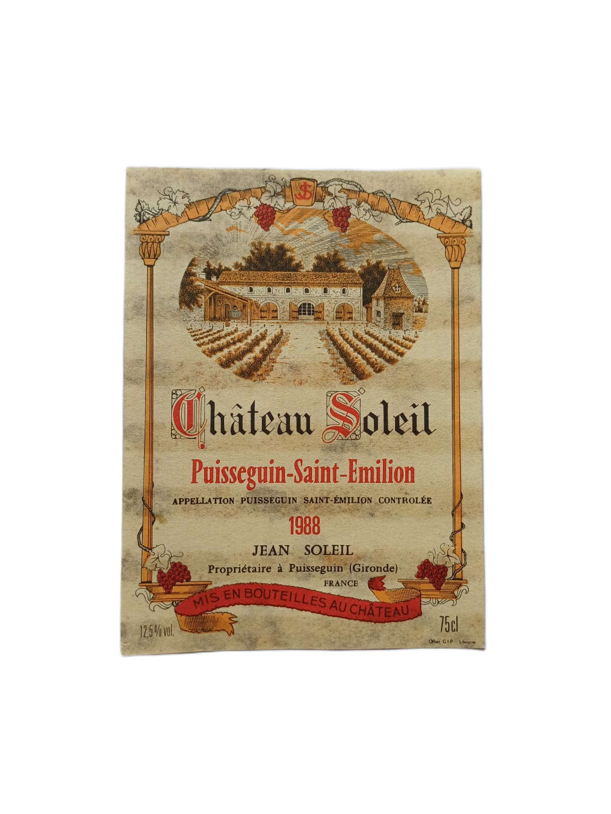 Étiquette vin Puisseguin Saint émilion 1988 – Château Soleil Vinaé