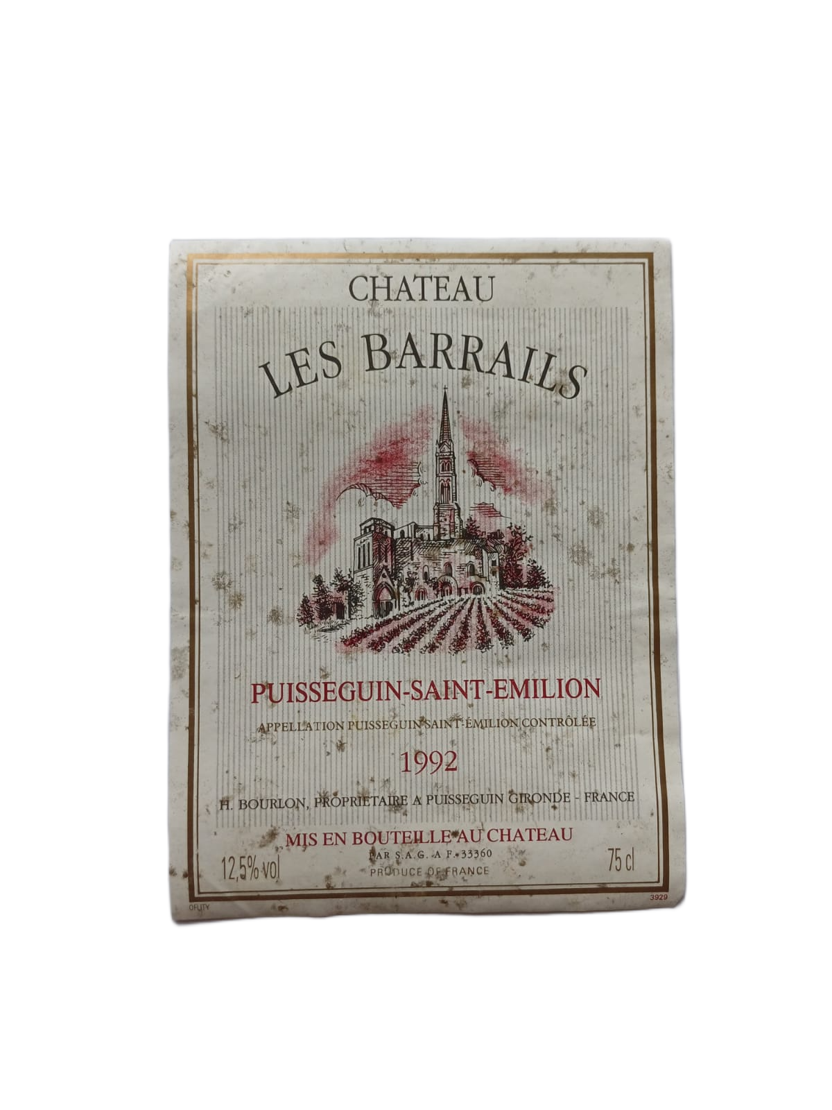 Étiquette vin Puisseguin Saint émilion 1992 – Château les Barrails Vinaé