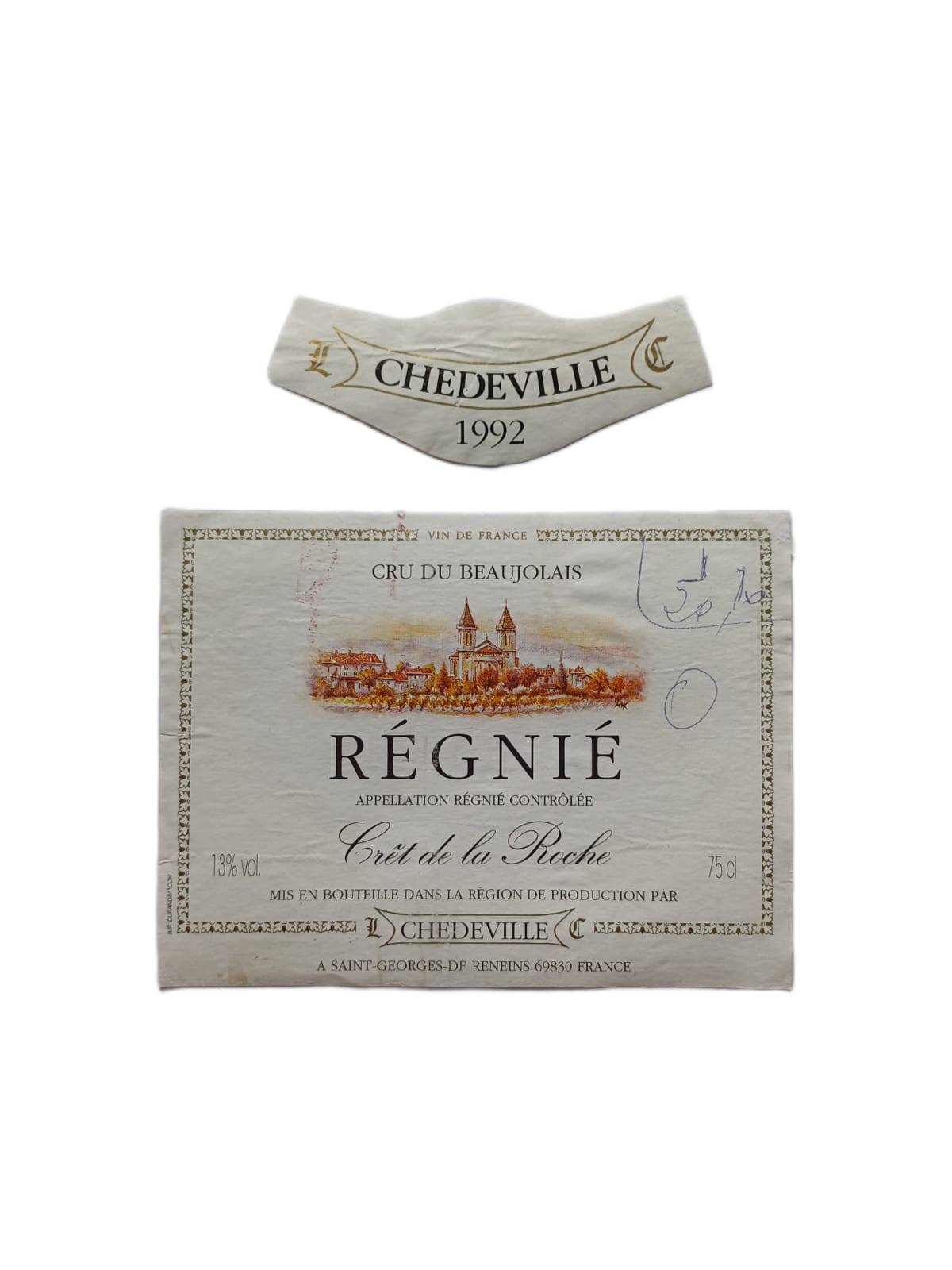 Étiquette vin Régnié 1992 – Chedeville Vinaé
