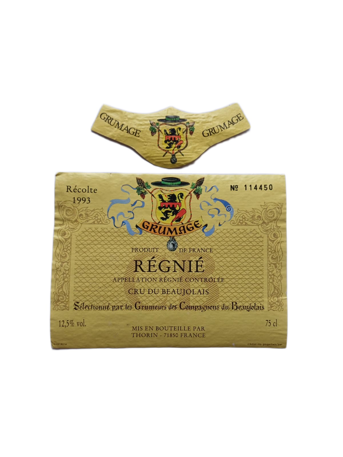 Étiquette vin Régnié 1993 – Les Grumeurs des Compagnons du Beaujolais Vinaé