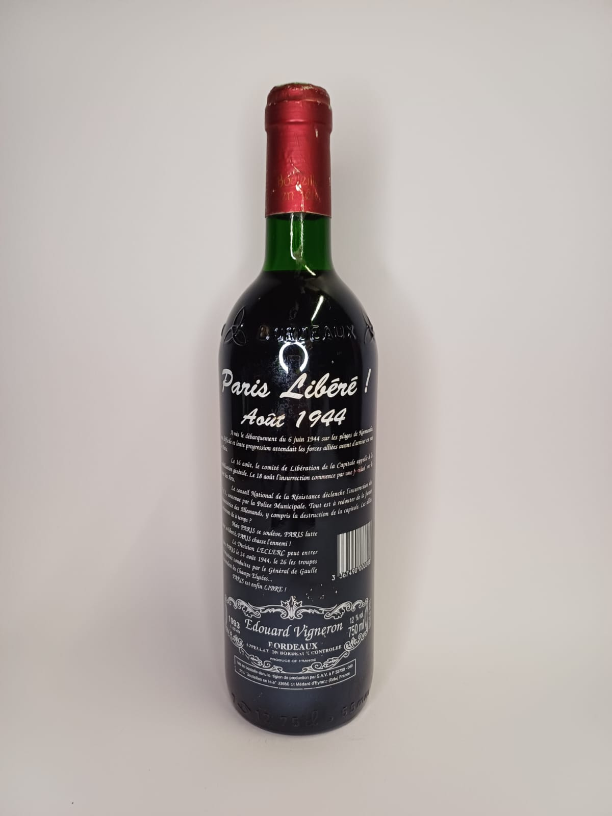 Bouteille de vin Paris libéré 1944 – Bordeaux Edouard vigneron 1993 Vinaé
