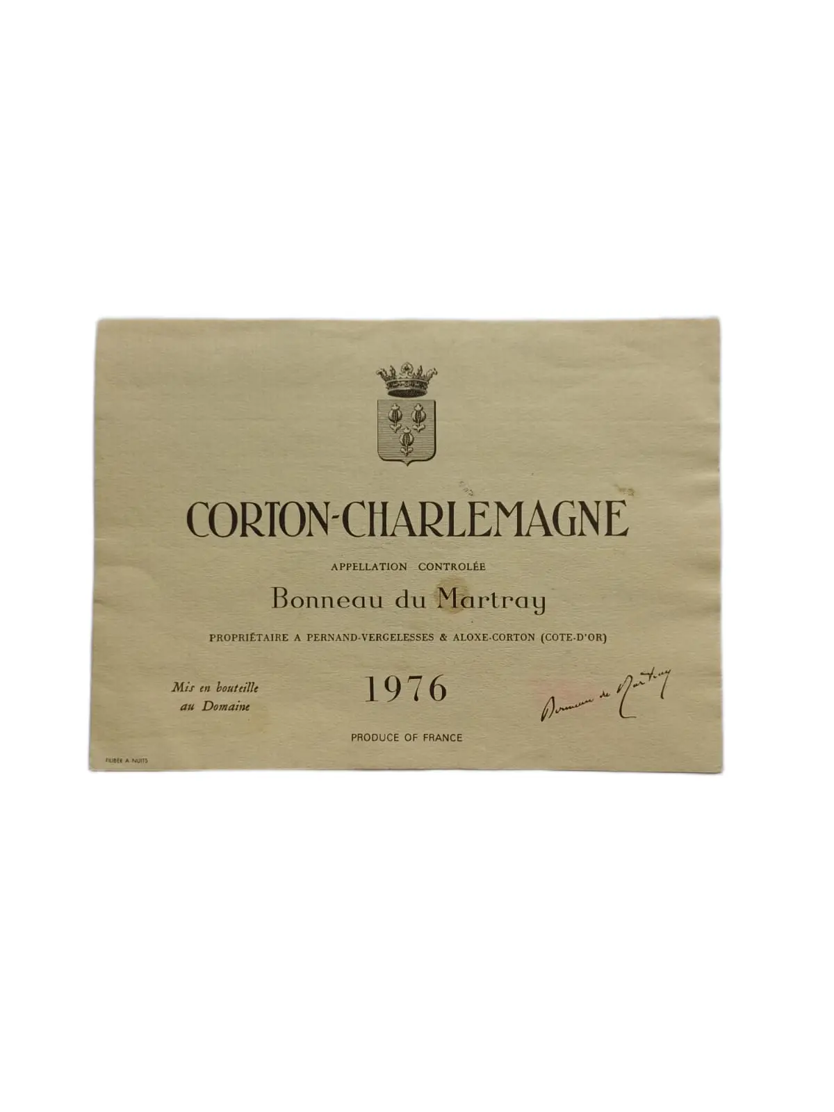 Étiquette vin Corton-Charlemagne 1976 – Bonneau du Martray Vinaé