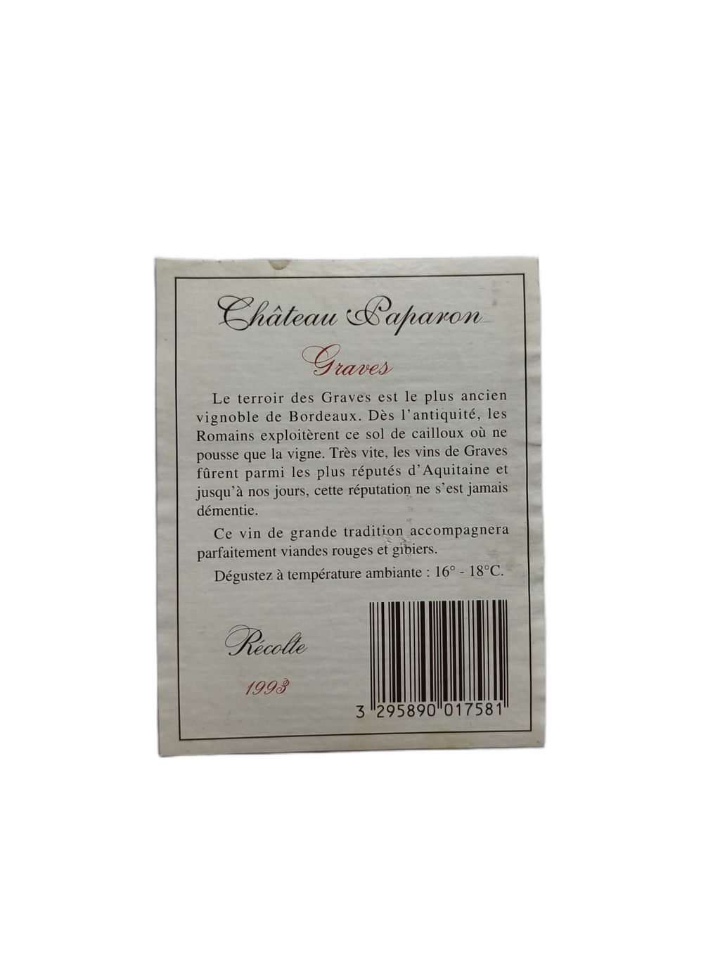 Étiquette vin Graves 1993 – Château Gaparon Vinaé