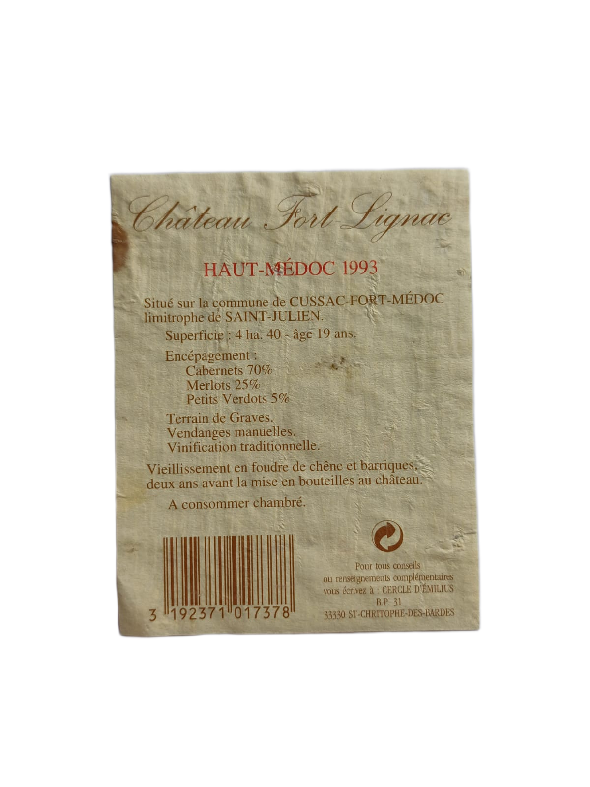 Étiquette vin Haut-Médoc 1993 – Château Fort-Lignac Vinaé