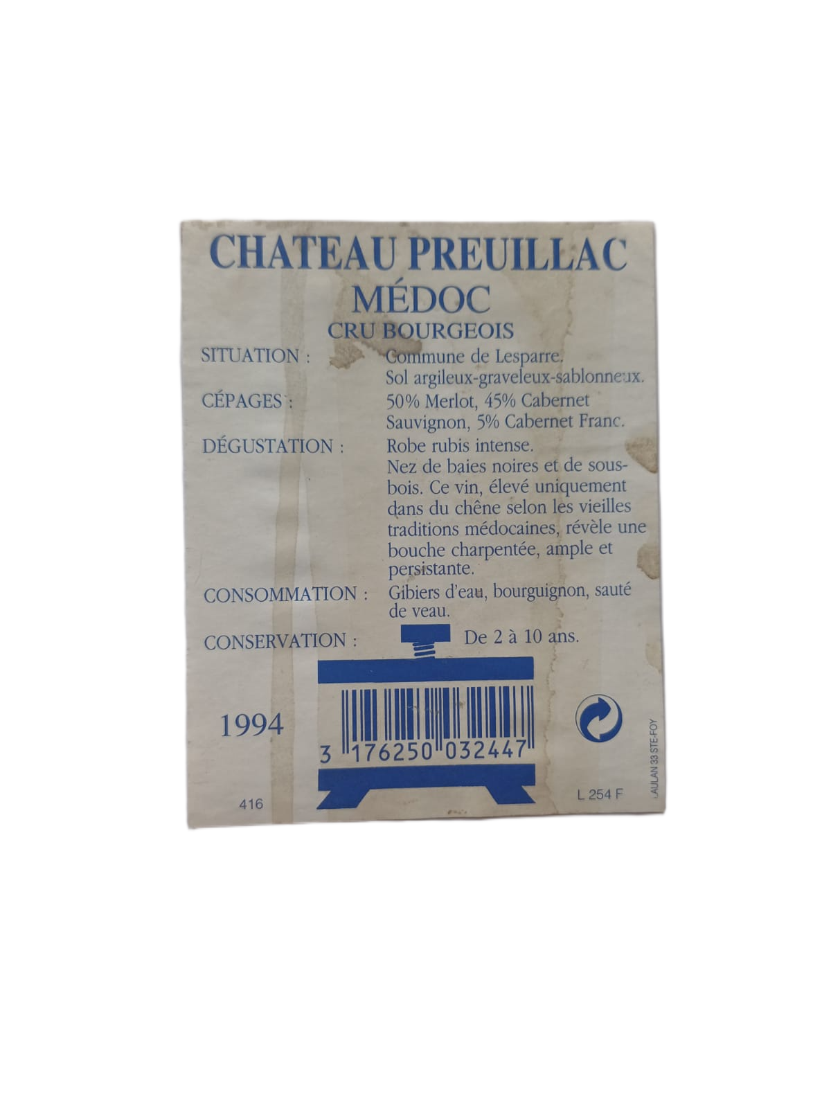Étiquette vin Médoc 1994 – Château Preuillac Vinaé