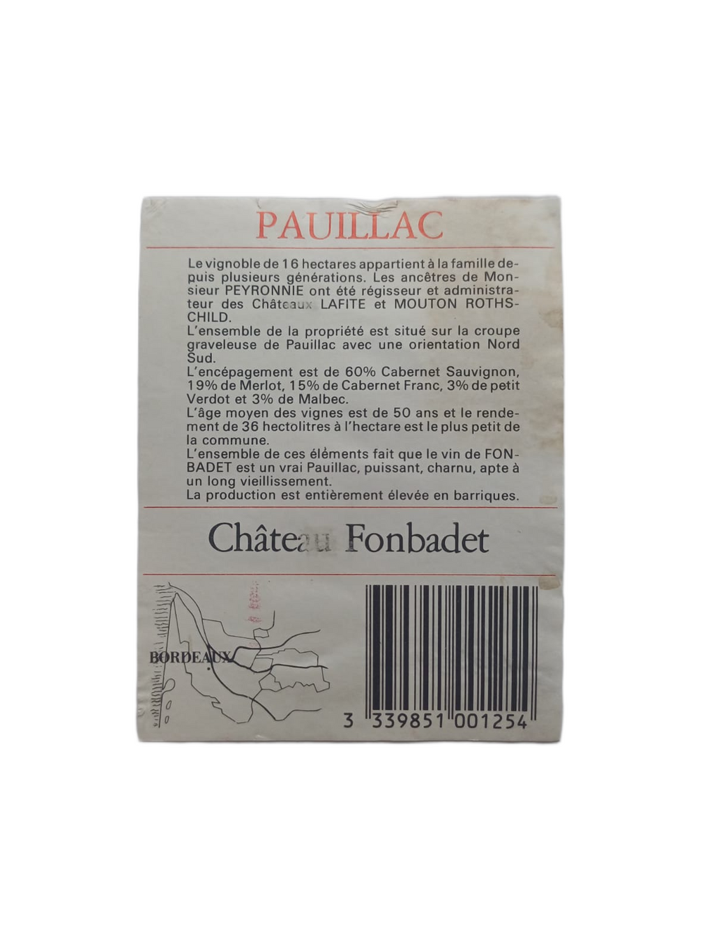 Étiquette vin Pauillac 1988 – Château Fonbadet Vinaé